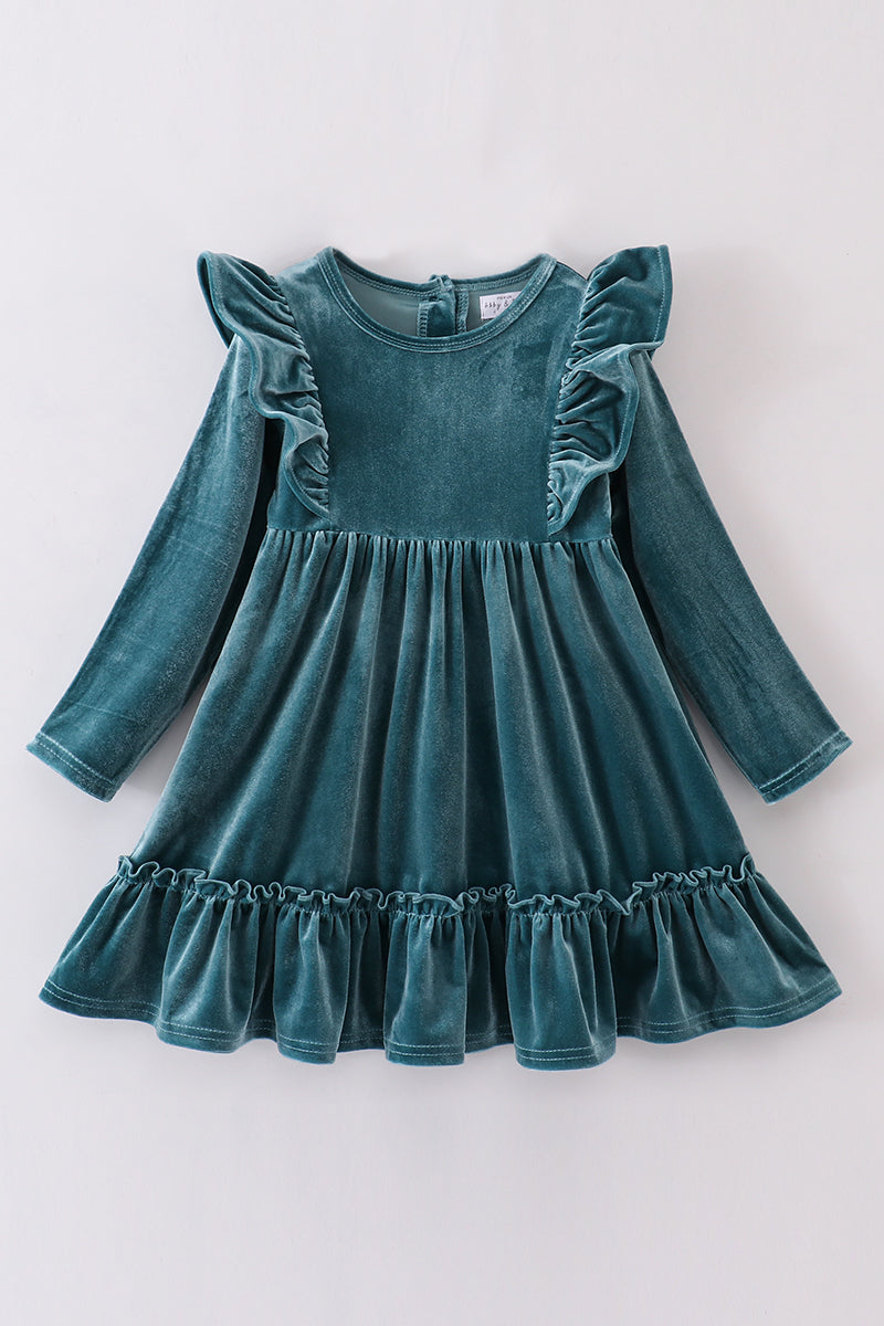 Velvet Teal Ruffle Dress