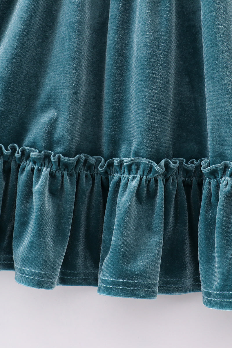 Velvet Teal Ruffle Dress