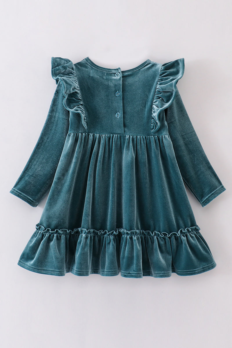 Velvet Teal Ruffle Dress