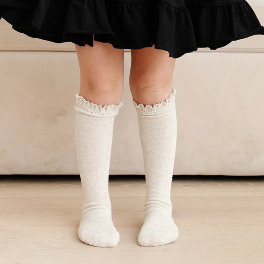 Heathered Ivory Lace Top Knee High Socks