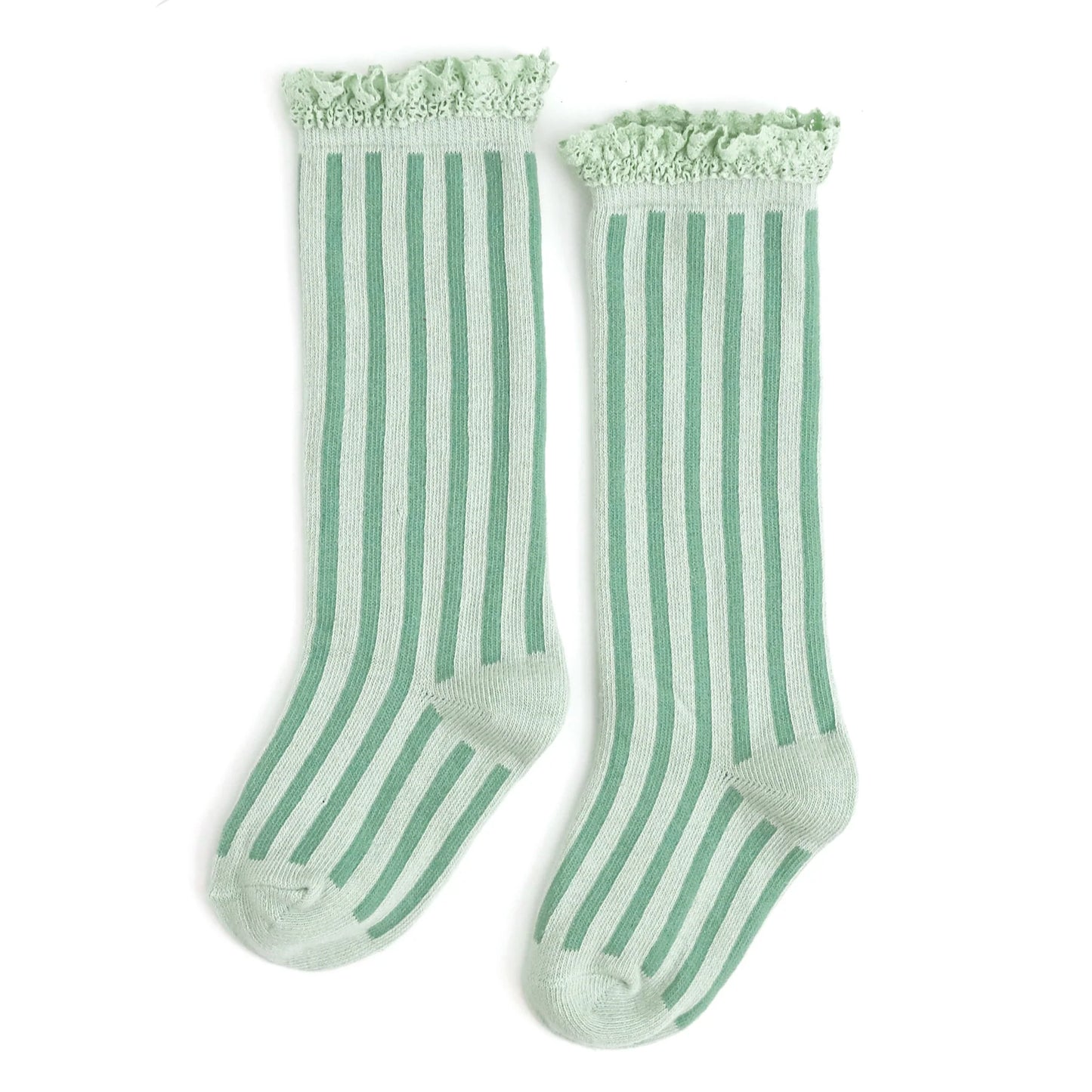 Mint Green Vertical Striped Lace Top Knee High Socks